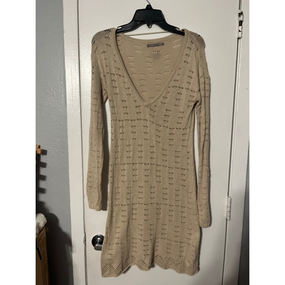 Rubbish Tan Beige Pointelle‎ Knit Long Sleeve V-Neck Sweater Dress Medium